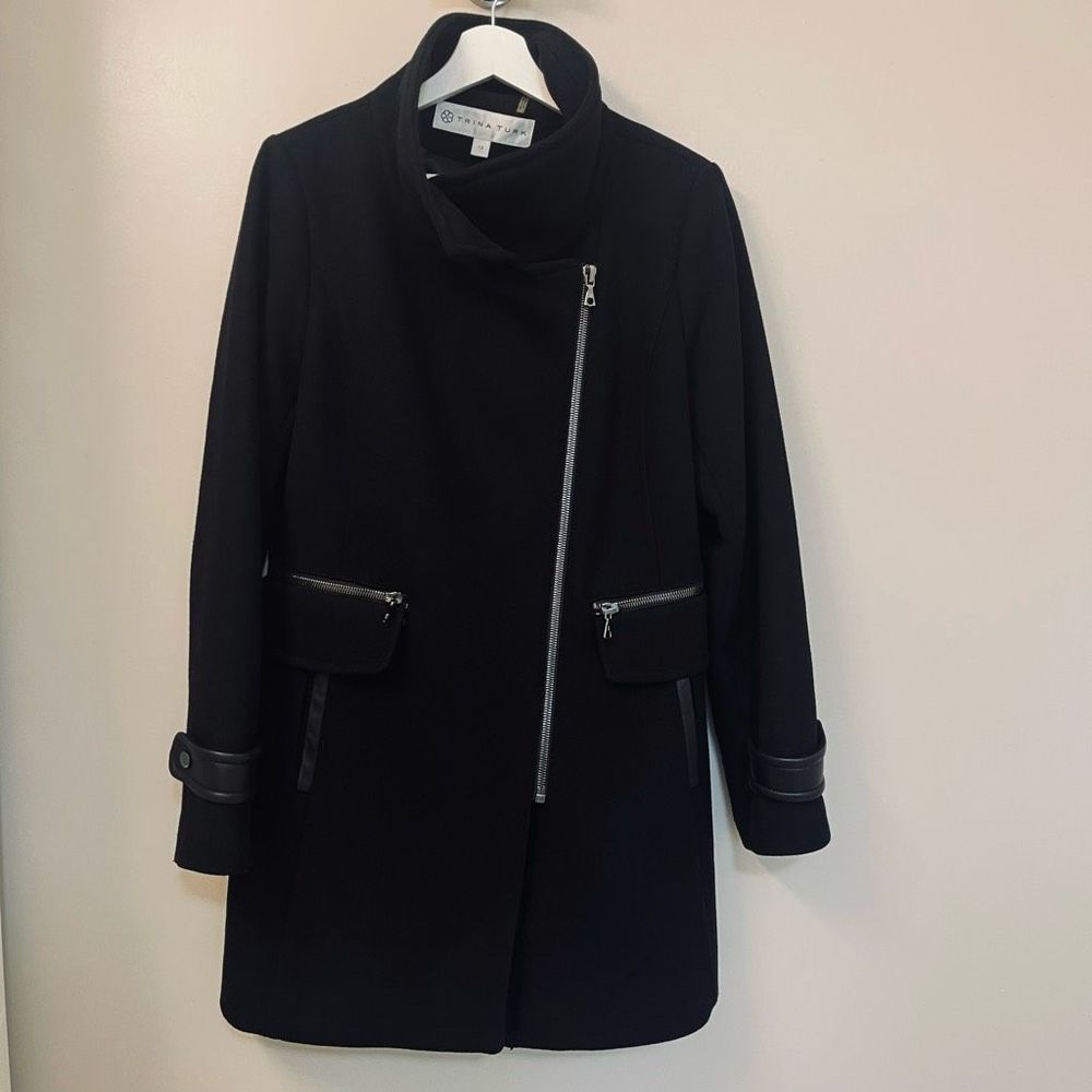 Trina Turk Aubree Coat Black Wool  Zipper Pockets Leather Sz L